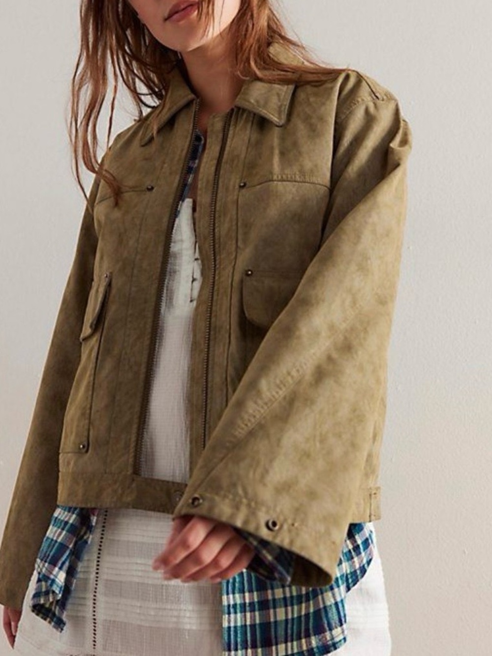 Free People We The Free Olive Green Vegan Suede Zip Up Blair Jacket Size XL
